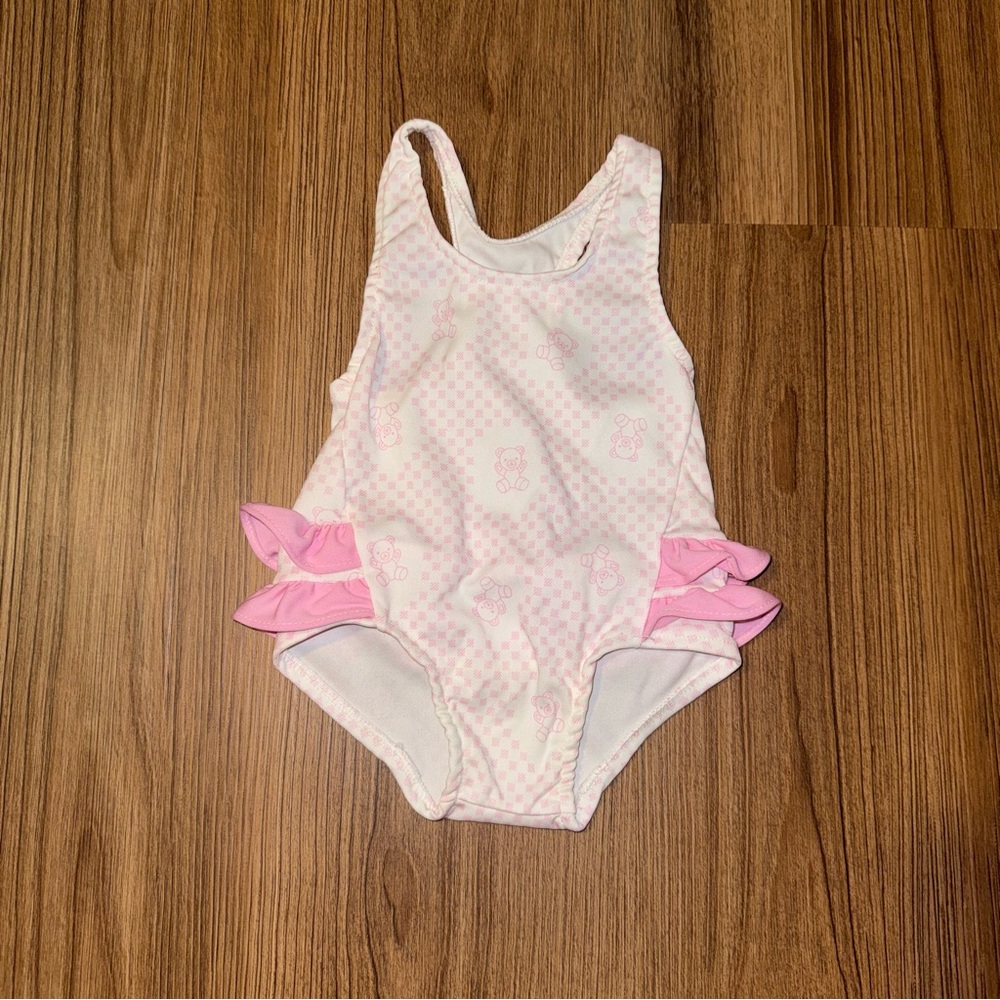 Vintage Pink and White Baby Swimsuit with Ruffle Details